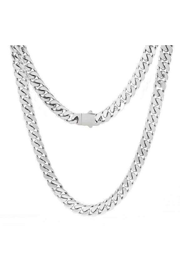 18K Silver-Plated Miami Cuban Chain Necklace – Unisex, Diamond-Cut Stainless Steel, Adjustable Length (7.5"-24") & Width Options (6mm, 8mm, 10mm, 12mm), Fashionable & Durable