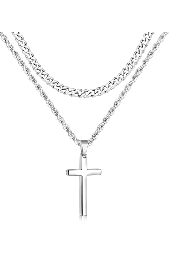 2 Pcs Cross Necklace Chain for Men and Women, Layered Mens Cross Necklaces Stainless Steel Pendant Cuban Link Rope Chain 16-26 Inch, Jewelry Gift