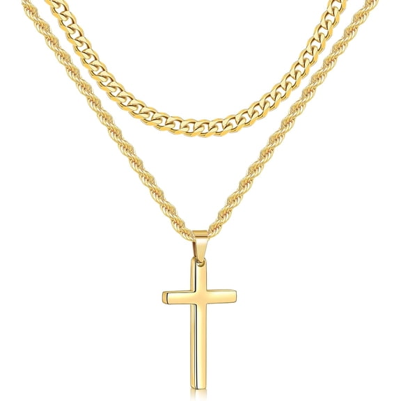 Miren 2 Pcs Cross Necklace Chain for Men and Women, Layered Mens Cross Necklaces Stainless Steel Pendant Cuban Link Rope Chain 16-26 Inch, Jewelry Gift