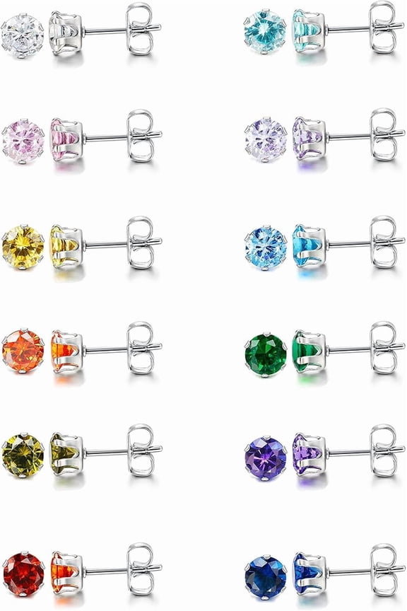 12 Pairs Stainless Steel Cubic Zirconia Stud Earrings, Brilliant Cut Round CZ Earrings set, Birthstone Stud Earrings for Women