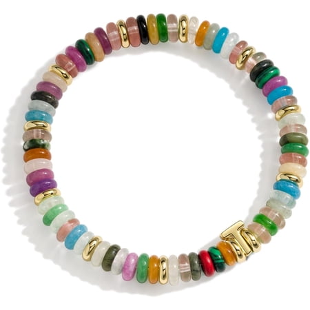 SUETOR Initial Beaded Bracelet for Women, Natural Stone Stretch Bracelet with Letter Charm, Colorful Handmade Boho Beach Bracelet, Personalized Jewelry Gift for Women, Fits 6.5-7 Inch Wrist