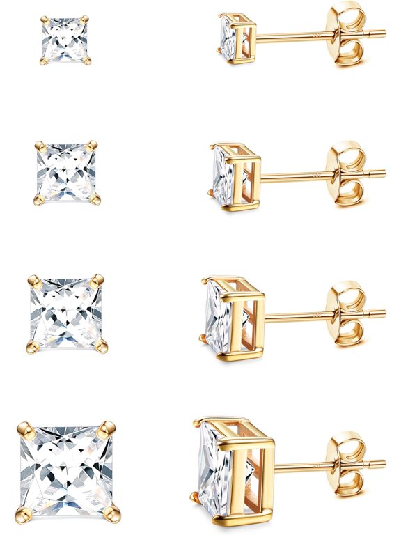4 Pairs Gold Tone Square Cubic Zirconia Stud Earrings Set, Hypoallergenic Princess Cut CZ Studs, Nickel Free Jewelry Gift for Women