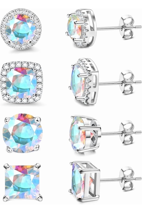 4 Pairs Iridescent Cubic Zirconia Stud Earrings Set, Hypoallergenic Silver Tone Halo Studs, Nickel Free Colorful CZ Jewelry Gift for Women