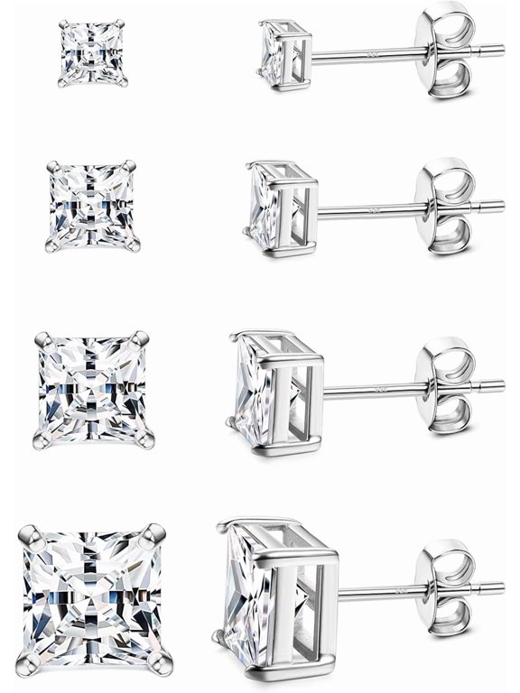 4 Pairs Square Cubic Zirconia Stud Earrings Set, Hypoallergenic Silver Tone Princess Cut CZ Studs, Nickel Free Jewelry Gift for Women