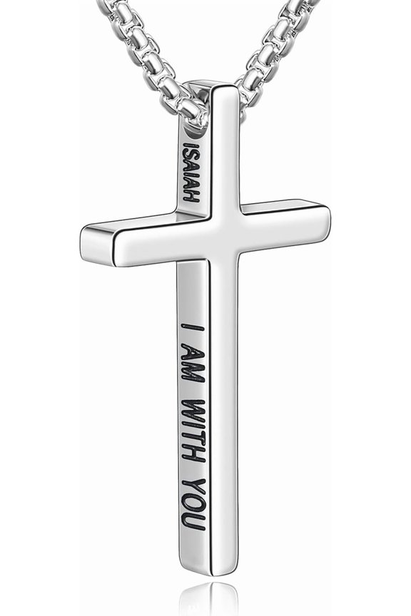 Cross Necklace for Men, Inspirational Bible Verse Cross Chain for Men, Stainless Steel Box Necklace