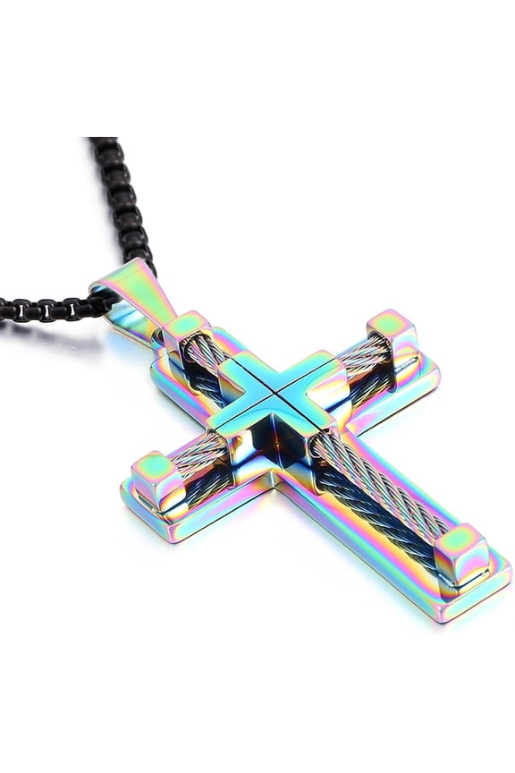 Men's Cross Necklace 316L Stainless Steel Large Jesus Christ Pendant Jewelry Rolo Chain for 24″