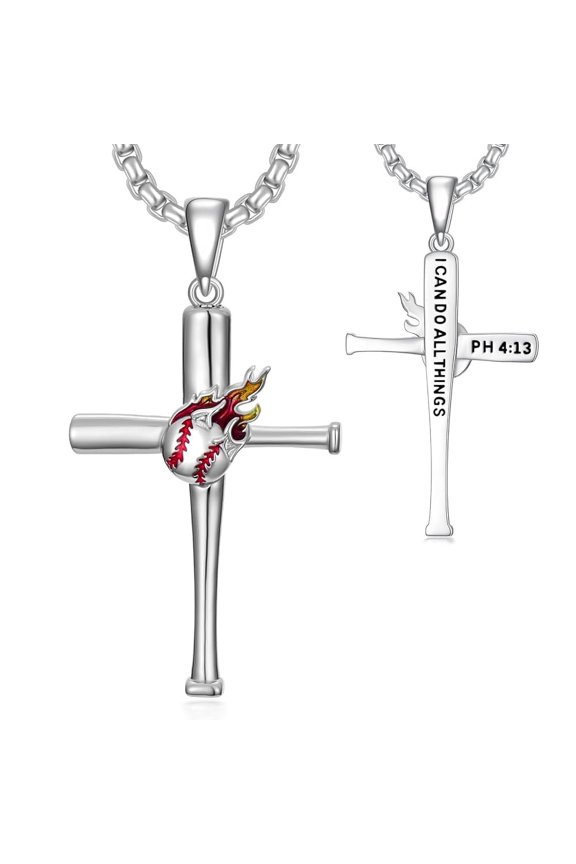 SUETOR Flame Cross Necklace for Men Silver Plated Stainless Steel Inspirational “I Can Do All Things” Pendant Christian Faith Jewelry Gift Hypoallergenic