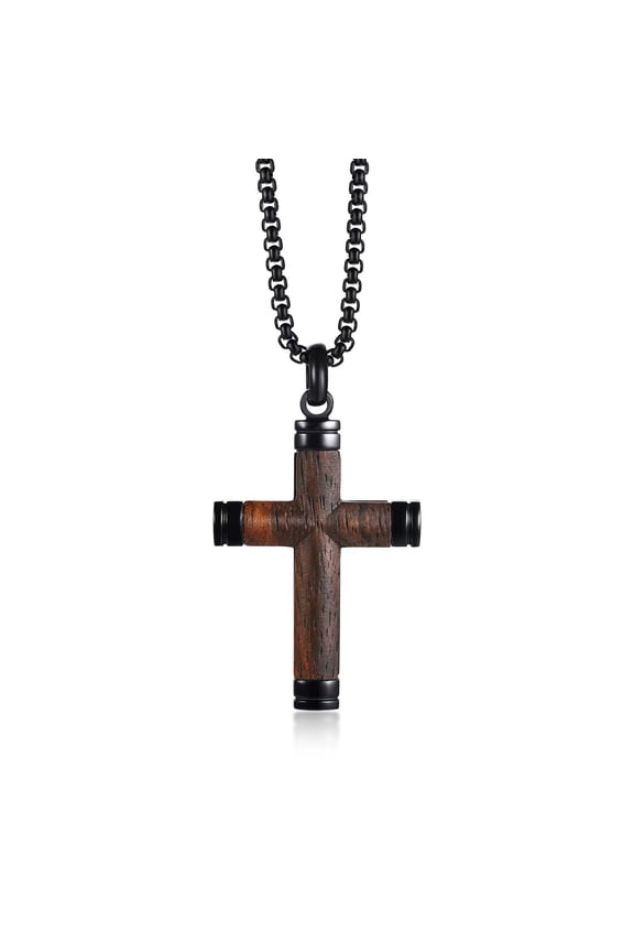 Mens Wooden Cross Necklace Handmade Ebony Christian Cross Pendant with Stainless Steel Chain, 24 Brown Baptism Gift for Men