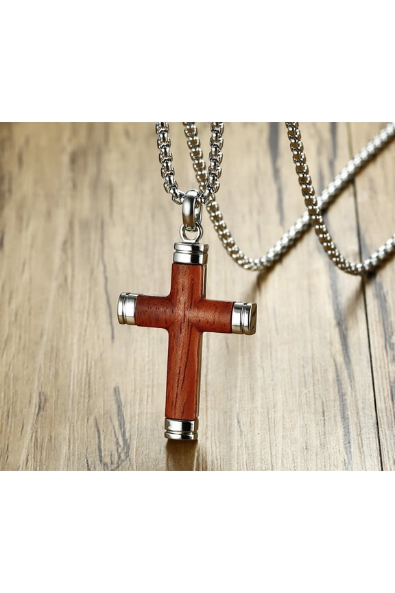 Mens Wooden Cross Necklace  Handmade Ebony Christian Cross Pendant with Stainless Steel Chain, 24 Brown Baptism Gift for Men