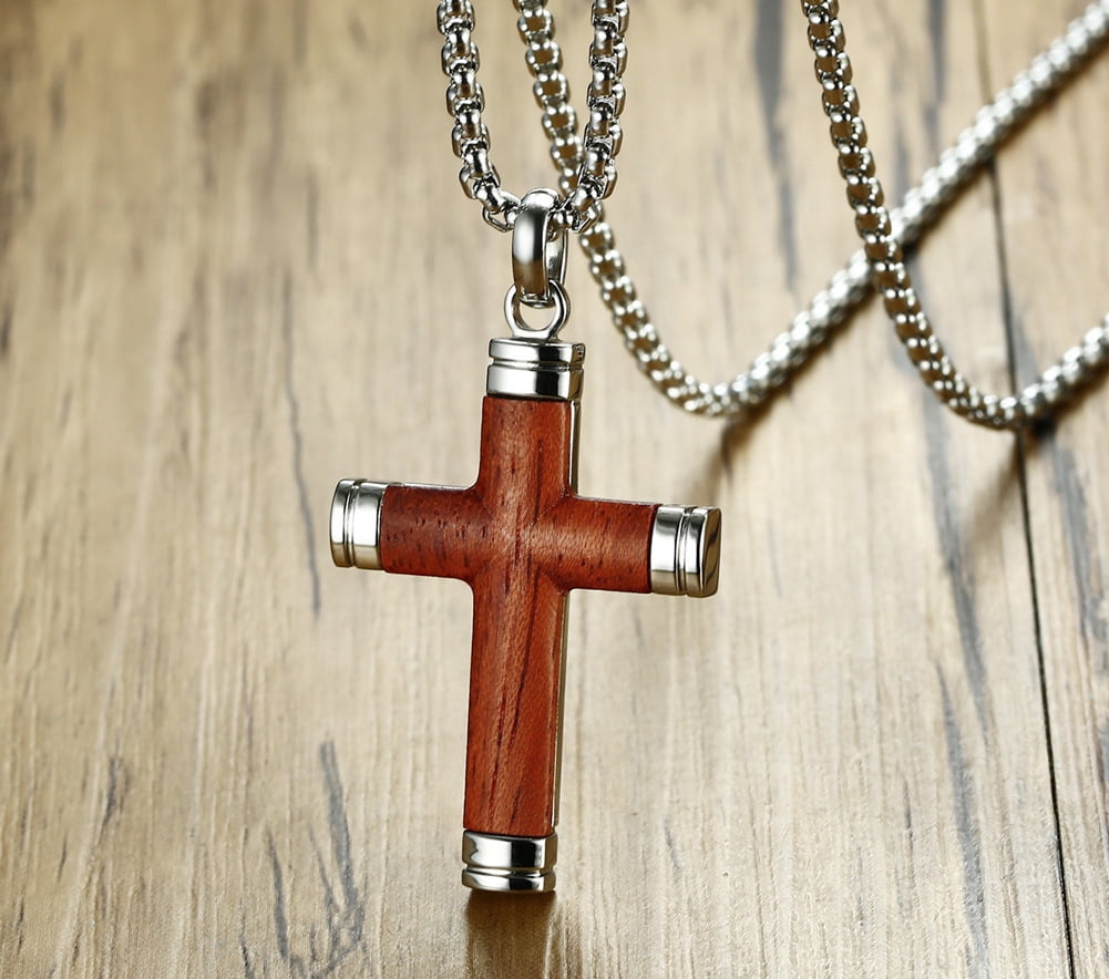 Miren Men’s Wooden Cross Necklace – Handmade Ebony Christian Cross Pendant with Stainless Steel Chain, 24” Brown Baptism Gift for Men