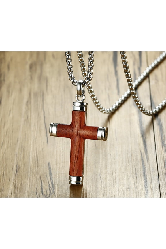 Mens Wooden Cross Necklace Handmade Ebony Christian Cross Pendant with Stainless Steel Chain, 24 Brown Baptism Gift for Men
