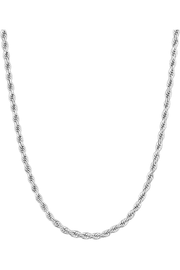 Mens Rope Chain Necklace, Hypoallergenic Stainless Steel Twisted Chain for Men, Silver Tone 2.5/3mm Width, 16-28 Inch Length