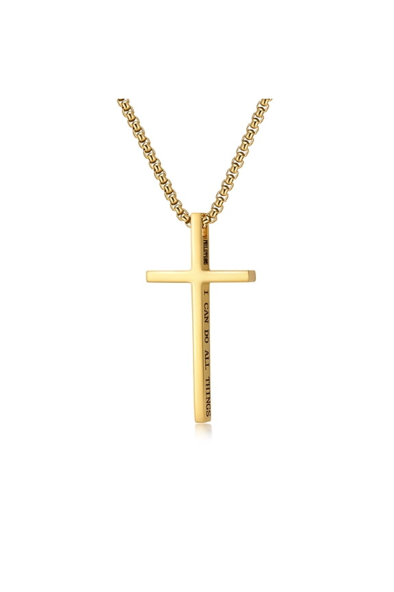 Minimalist Mirrored Cross Necklace, Hypoallergenic Stainless Steel, 24" Pearl Chain, “I Can Do All THINGS” Engraving, Gold/Silver/Black