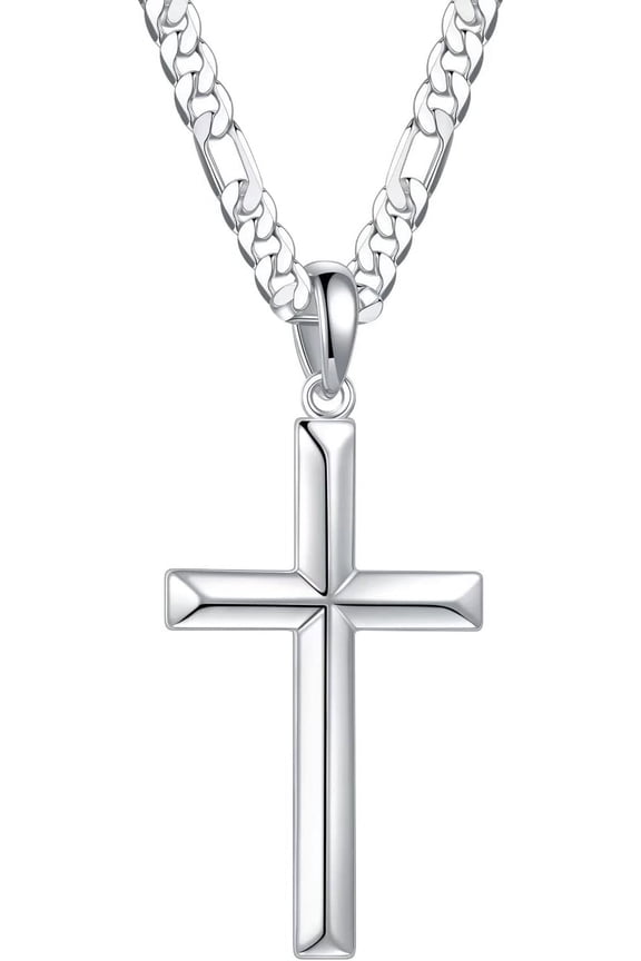 S925 Sterling Silver Cross Pendant Cross Necklace for Men, Mens Cross Necklace 18K Gold Plated Silver Black Figaro Chain Necklace for Men Women 16 18 20 22 24 Inch Cross Necklace
