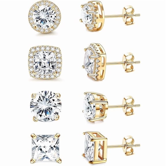 SUETOR Gold-Plated Stainless Steel Geometric Stud Earrings Set 4-Piece Full Pave Cubic Zirconia Stud Earrings, Hypoallergenic Unisex Fashion Jewelry Gift Set for Women Men