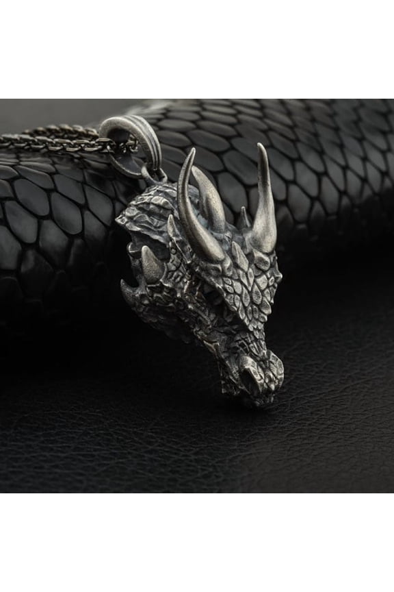 Silver Plated Dragon Necklace for Men, Viking Dragon Head Pendant Necklace with 24 Inch Chain, Norse Mythology Gothic Jewelry, Fantasy Statement Pendant Gift for Him