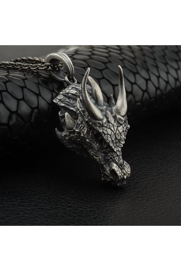Vintage Viking Dragon Head Pendant Necklace for Men & Women, Silver-Plated Stainless Steel, Hypoallergenic, 24-Inch Chain