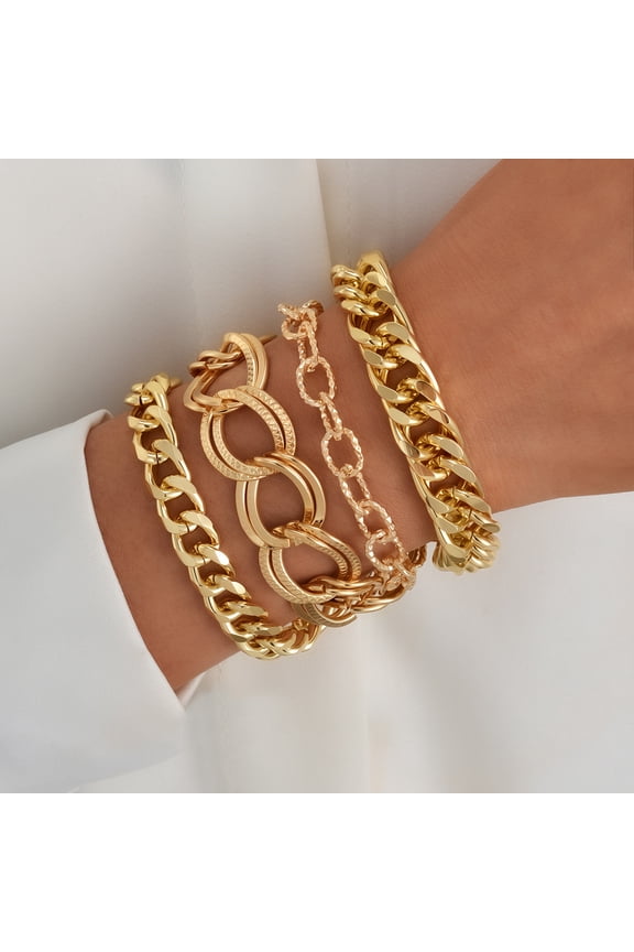 Women’s 14K Gold Plated Bracelet Set, 4-Piece Layered Stackable Bracelets, Hypoallergenic & Fade-Resistant, Elegant Everyday Jewelry