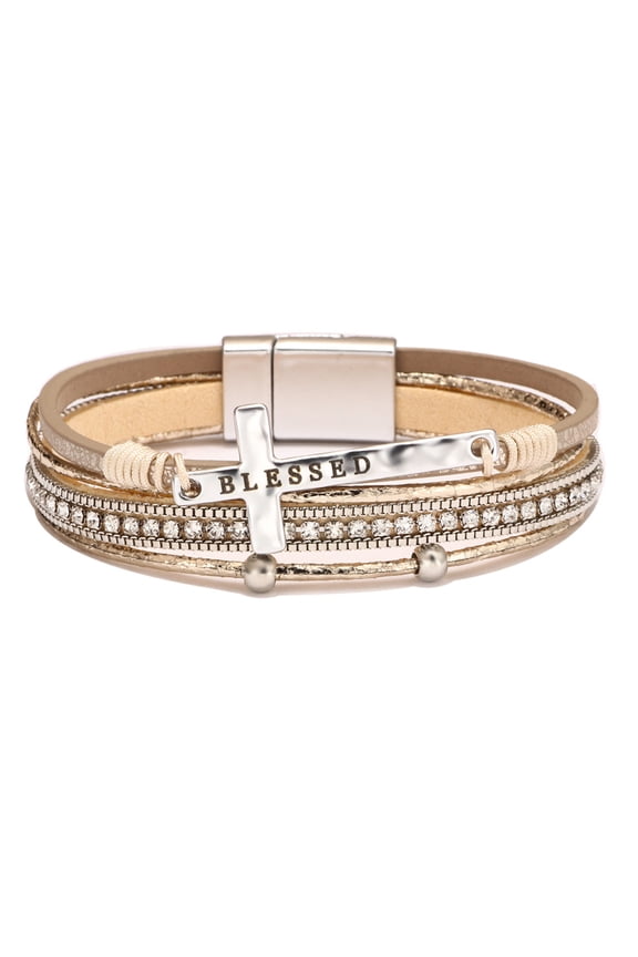 Women’s Bohemian Multi-Layer Cross Bracelet, Gift for Her, Gold-Plated PU Leather, Cubic Zirconia Inlay, Magnetic Clasp, Hypoallergenic, 7.7 in