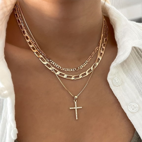 Miren Women’s Gold-Plated Three-Layer Cross Necklace – Zirconia Cross Layered Choker, Hypoallergenic, Fade-Resistant, Stackable Fashion Jewelry Gift