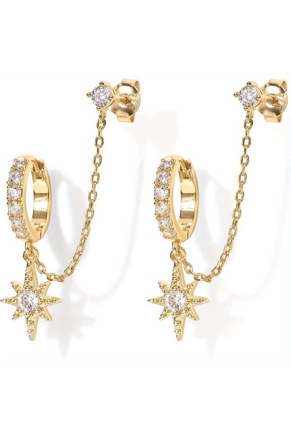 Women’s Gold Plated Zircon Star Threader Earrings CZ Six Pointed Star Dangle Chain Earrings Lightweight Fashion Jewelry Gift for Women