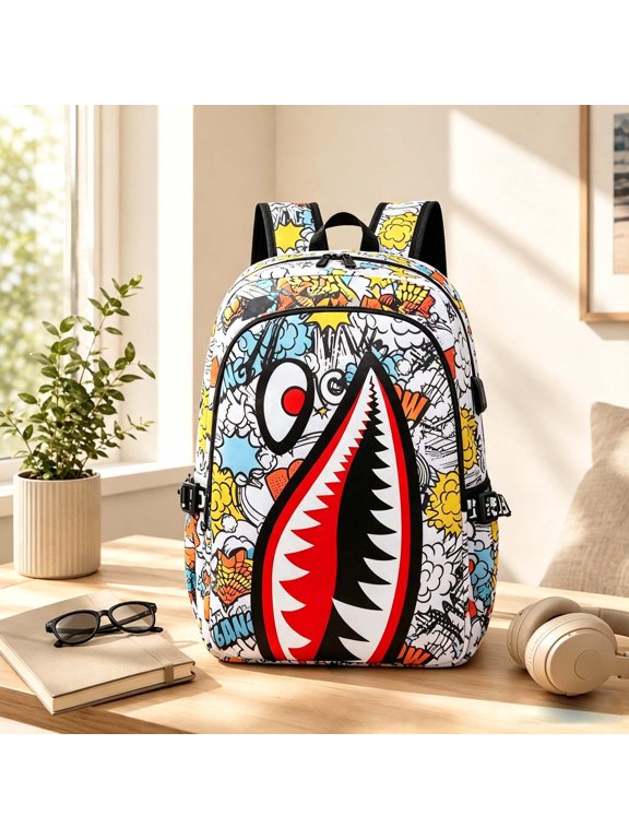 3D Shark Mouth Graphic Print Backpack, Comic Style Colorful Design, School Bag for Youths and Teens