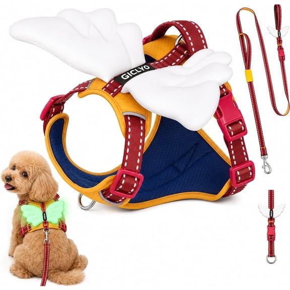 Miretho Cute Dog Harness with 3D Glow-in-the-Dark Angel Wings, Soft Breathable Adjustable Vest for Small Pets, with Matching Cute Leash, Metal D-Ring, Anti-Burst Safety Buckle and Leash