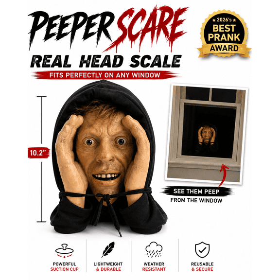 Miretho Stranger Peeper Window Scare Decoration, Real Head Scale Hooded Intruder Man Spooky Prank Prop