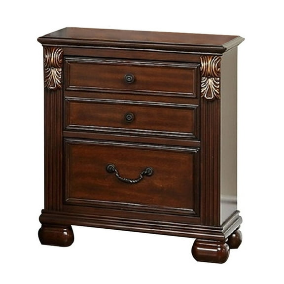 Miri 25 Inch 3 Drawer Nightstand, Brass Carved Accents, Cherry Oak Brown - Saltoro Sherpi