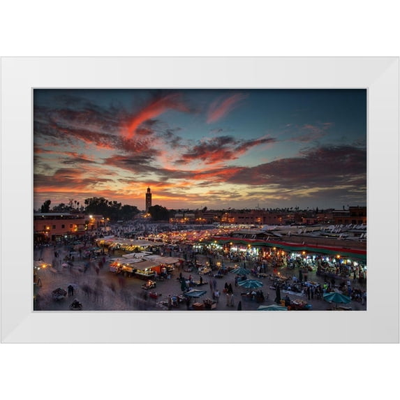 Mirica, Dan 24x17 White Modern Wood Framed Museum Art Print Titled - Sunset Over Jemaa Le Fnaa Square In Marrakech-Morocco