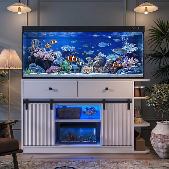 Mirightone 1200LBS, 55-75 Gallon Aquarium Stand with LED Light &Power Outlets, Fish Tank Stand with Cabinet, Storage & Sliding Fluted Doors, White