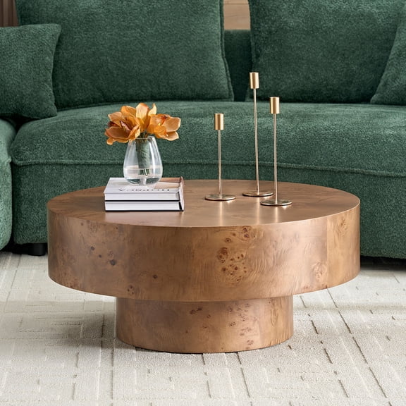 Mirightone 31.49'' Modern Round Burl Wood Veneer Coffee Table, Farmhouse Round Coffee Table with Sturdy Pedestal for Living Room Office Apartment, Walnut