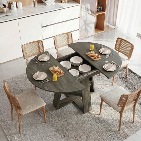 Mirightone 43.3in-59in Extendable Round Dining Table for 4-8,Modern Kitchen Oval Dining Table with Removable Leaves Space Saving,Wood Base with Storage Shelf for Kitchen Living Room,Wood Color