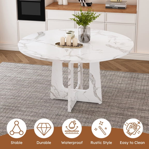 Mirightone 47.24" Round Dining Table for 4 - Farmhouse MDF Table with Marble White Finish, 300lb Capacity, Easy Assembly for Kitchen/Dining Room - Modern Spiced Table