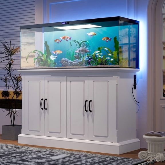 Mirightone 55-75 Gallon Fish Tank Stand with 4 Storage Cabinets, Heavy Duty Wood Aquarium Stand with Power Outlet for Turtle Tank, Reptile Terrarium, White