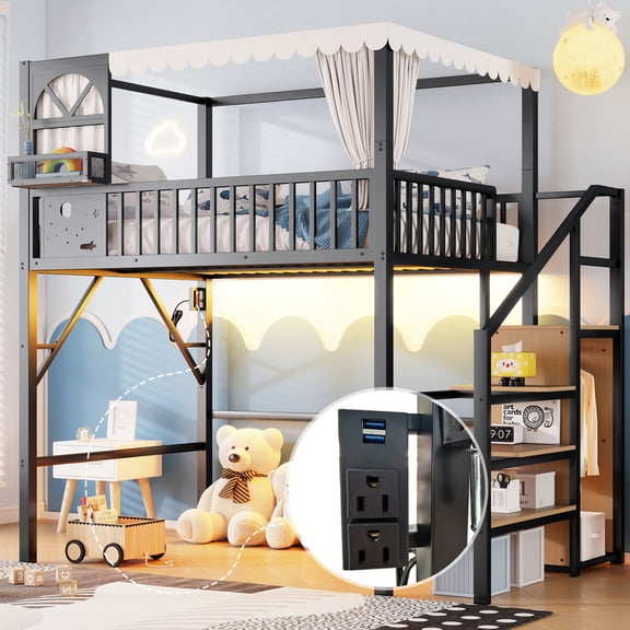 Mirightone 87.4” High Full Size Loft Bed with Stairs and Storage, Metal Full Size Canopy Bed with LED Light, Charging & Wardrobe, Full Loft Bed for Teens, Black