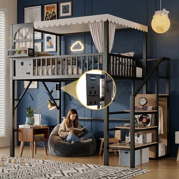 Mirightone 87.4” High Full Size Loft Bed with Stairs and Storage, Metal Full Size Canopy Bed with LED Light, Charging & Wardrobe, Full Loft Bed for Teens, Black