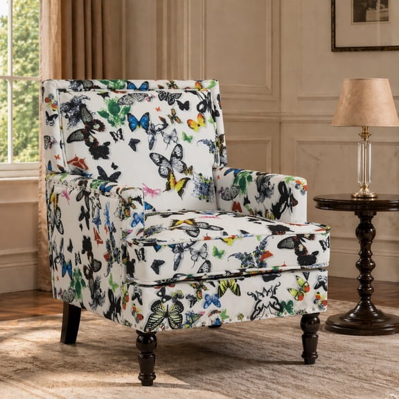 Mirightone Accent Chair, Mid-Century Modern Linen Upholstered Wingback Chair with Solid Wood Frame, Floral Pattern Lounge Chair for Living Room or Bedroom