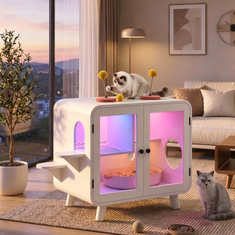 Mirightone Cat Litter Box Enclosure with LED Light, TV-Style Cat House ...