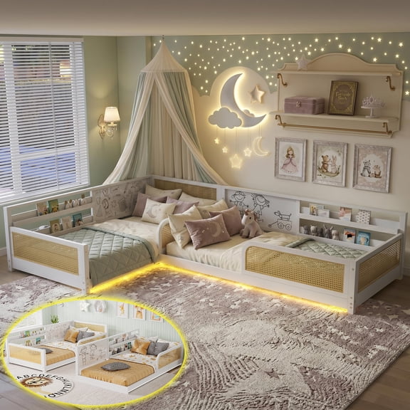 Mirightone Detachable L-Shaped Twin Bed Frame with Bookshelves and LED Lights, Convertible Rattan Twin Size Daybed with Whiteboards for 2, White