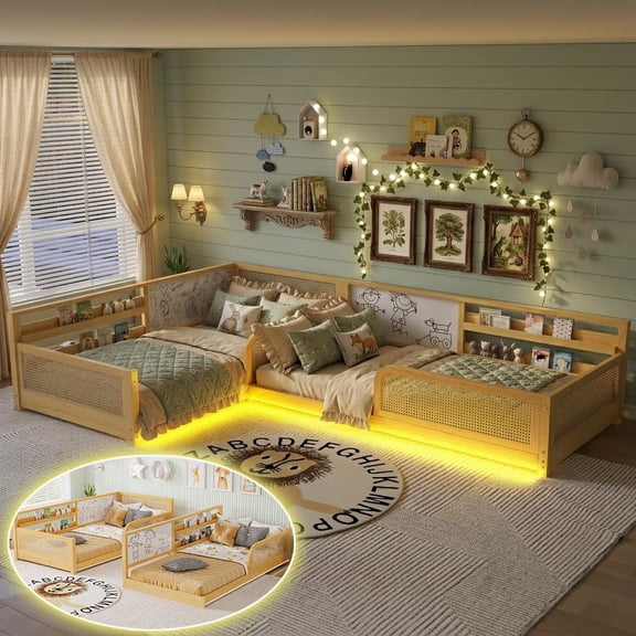Mirightone Detachable L-Shaped Twin Daybed with Bookshelves and LED Lights for 2, Convertible Rattan Twin Bed Frame with Whiteboards, Natural