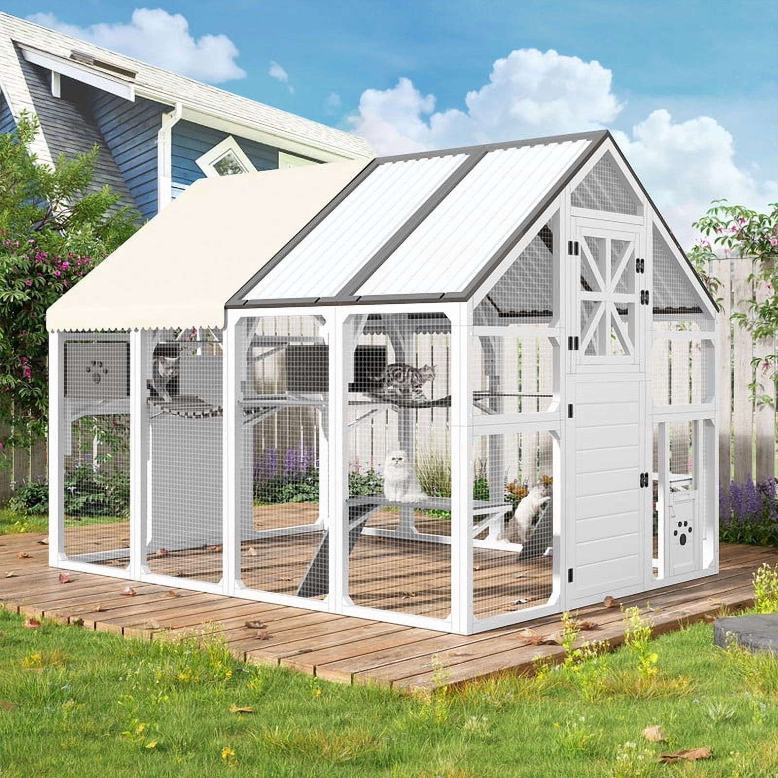 Mirightone Extra Large Catio Outdoor Cat Enclosure with Bridges, 8 Platforms and 2 Resting Boxes, Walk-in Outside Cat House with Weatherproof Cover for Multiple Cats, White