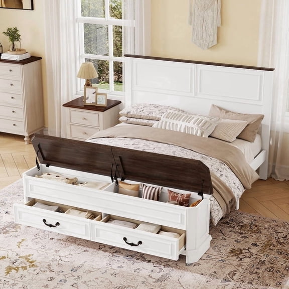 Mirightone Farmhouse Queen Bed Frame with Tall Headboard and Storage Bench, Rustic Solid Wood Platform Bed Queen Size with 64" Storage Chest and 2 Large Drawers, White
