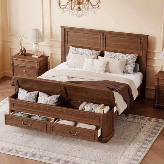 Mirightone Farmhouse Queen Bed Frame with Tall Headboard, Rustic Solid Wood Platform Bed Queen Size with Storage Bench and 2 Large Drawers, Walnut