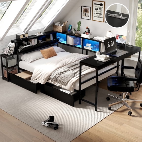 Mirightone Full Bed Frame with Storage Drawers, Full Size Daybed with Desk and LED Light for Teens Adults, Black