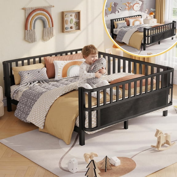 Mirightone Full Bed Frames with Rails, Metal Full Montessori Bed with Slats Support, Low Profile with Removable Bed Rails for Bedroom, Black