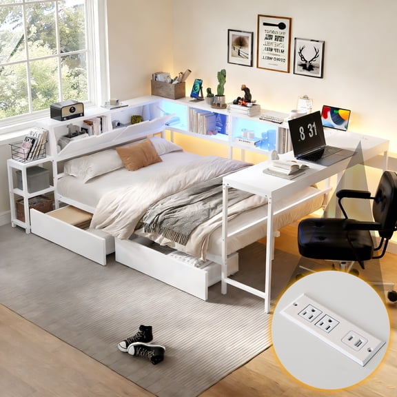Mirightone Full Daybed with Desk and Storage, Corner Bed Frame with LED Light and Charging Station, Full Bed Frame for Teens Adults, White