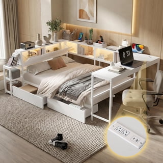 Mirightone Full Daybed with Desk and Storage, Corner Bed Frame with LED Light and Charging Station, Full Bed Frame for Teens Adults, White