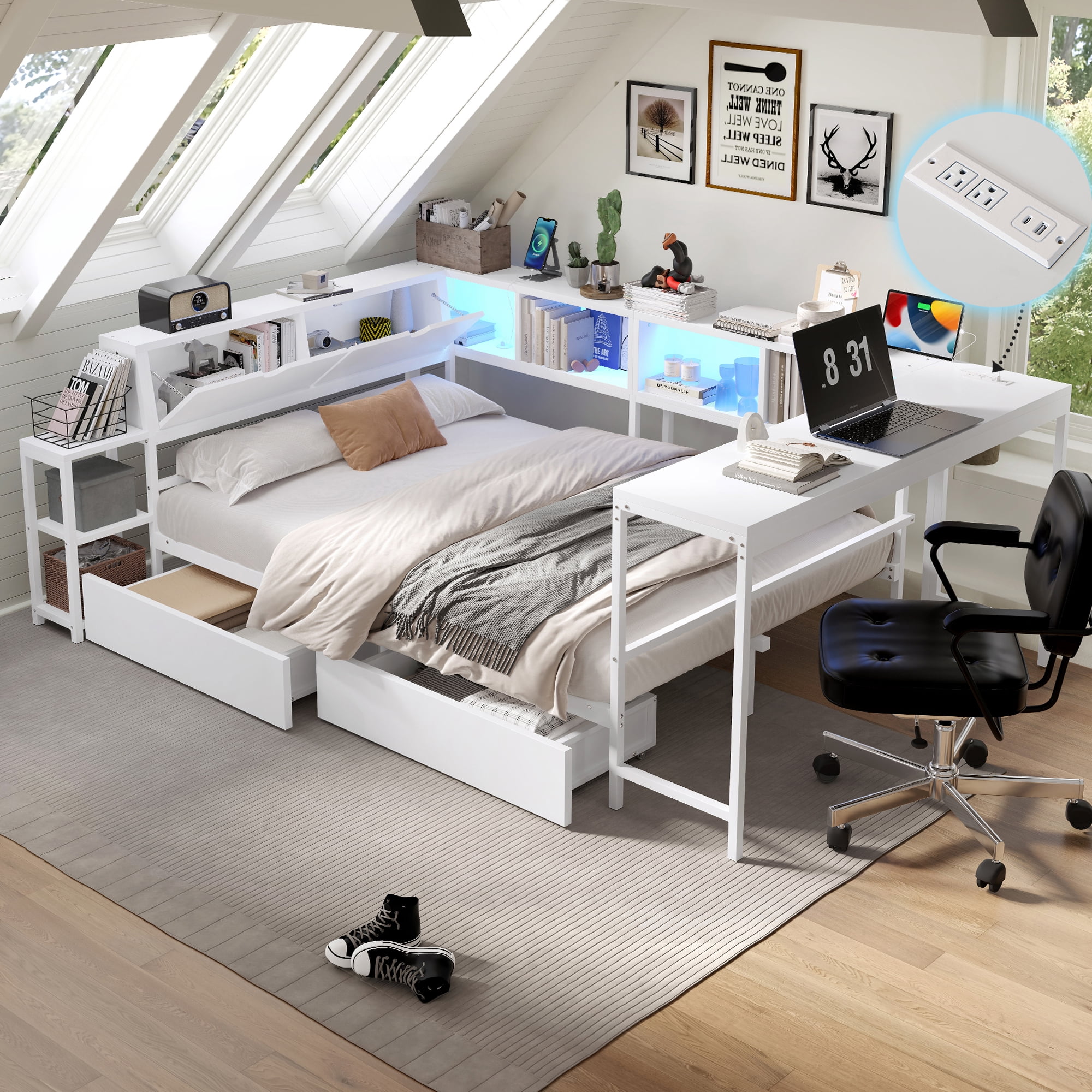 Mirightone Full Daybed with Desk and Storage, Corner Bed Frame with LED Light and Charging Station, Full Bed Frame for Teens Adults, White