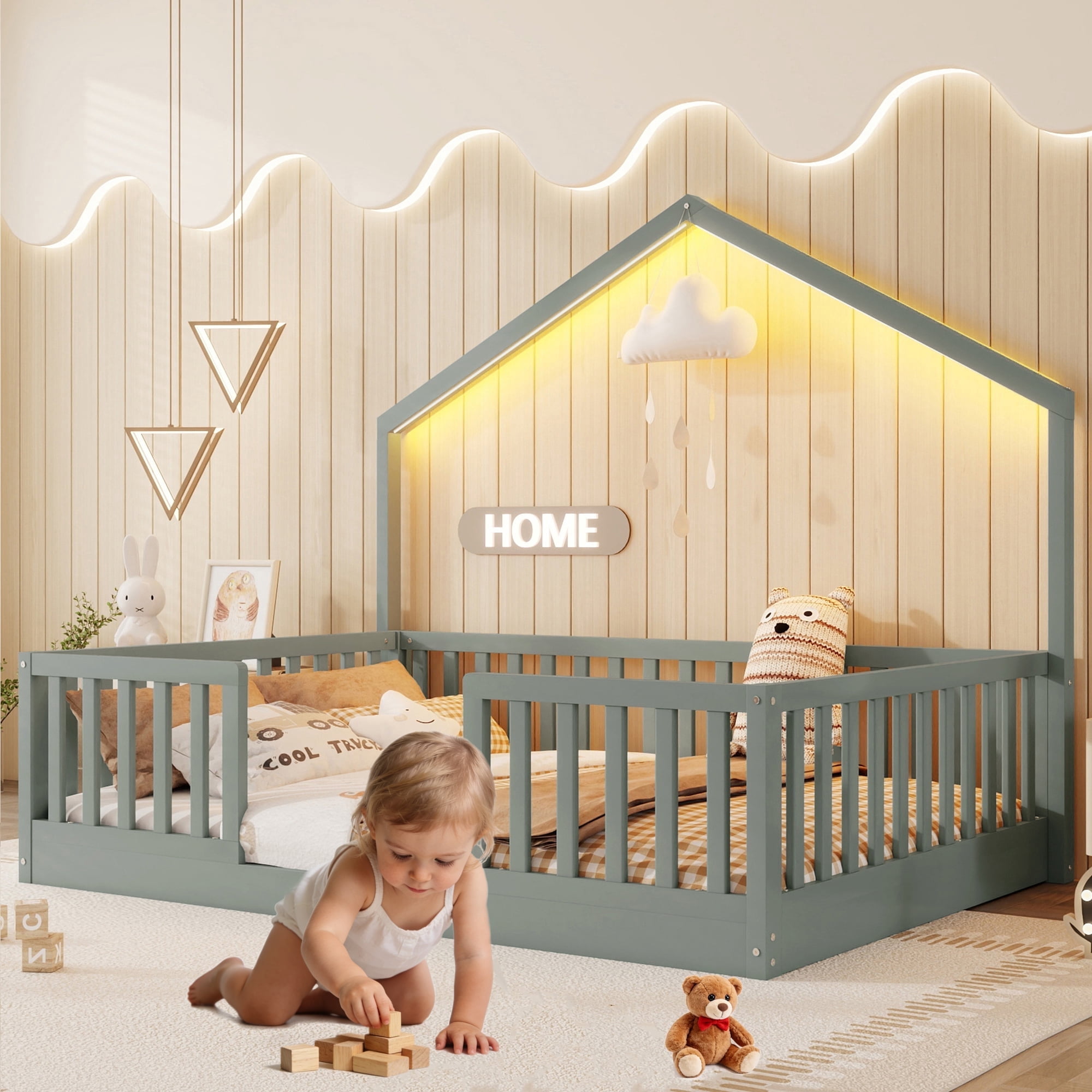 Mirightone Full Floor Bed Frame with LED Light & High Guardrail, Pine Wood Montessori Bed Full Size House Floor Bed, Slats Included (Gray)